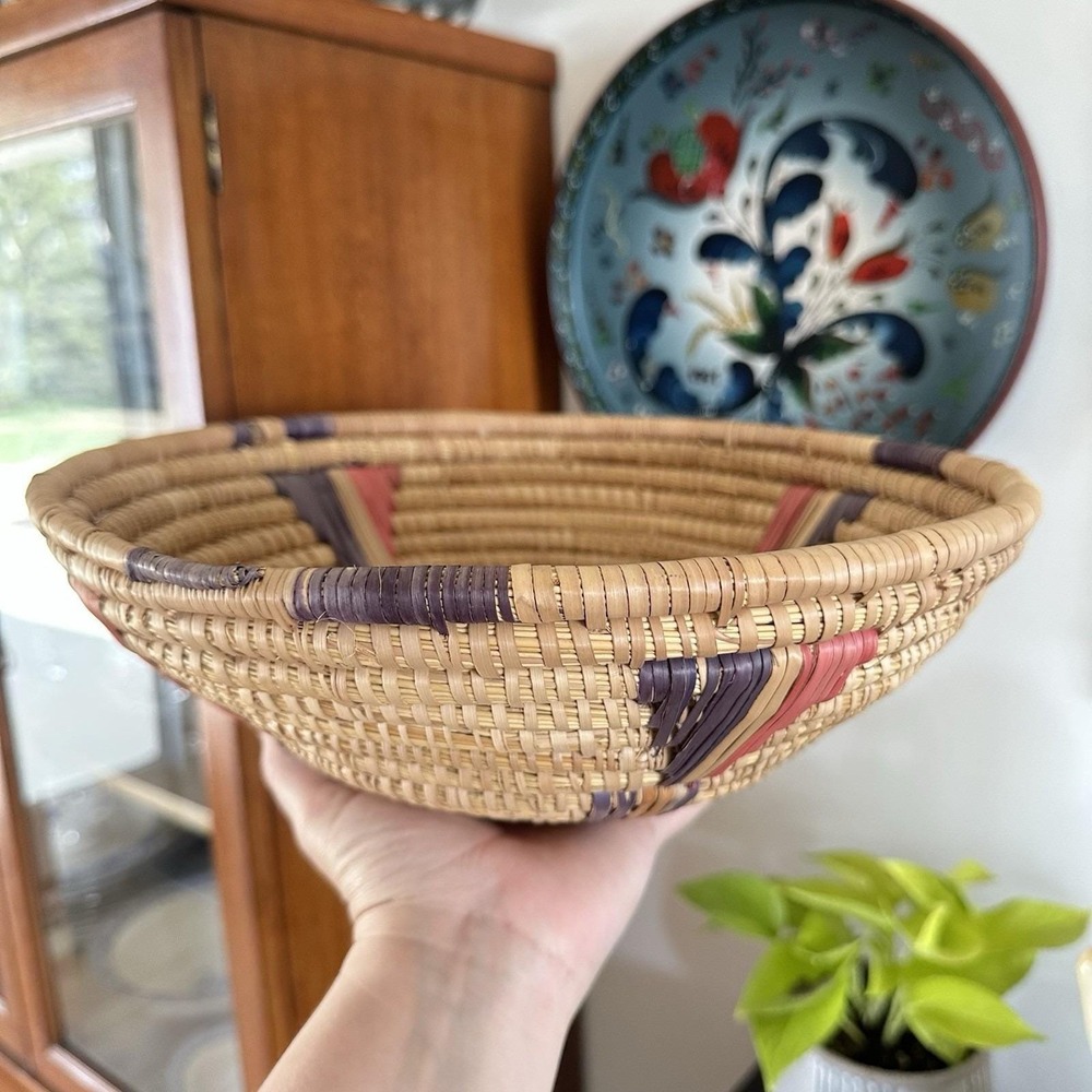 Vintage Hand Woven Tight Coil Native American Basket‎ Bowl 11.5" Boho Southwest